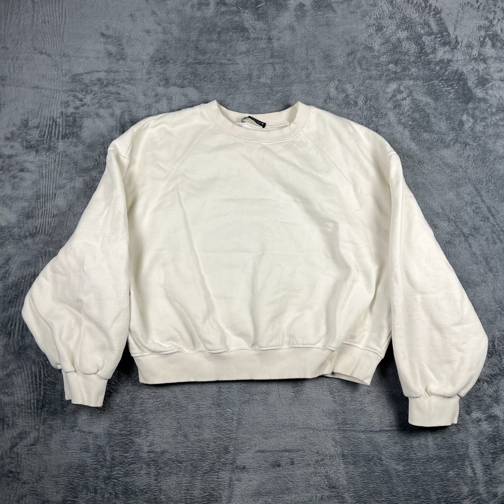 Zara Cropped Sweatshirt Womens Large Beige Fleece Lined Ribbed Trim Crew Neck